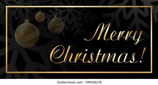 Merry Christmas background with Christmas balls. Black and gold Christmas background in golden frame. Card shiny design for holiday celebration, winter Xmas decorative Vector illustration