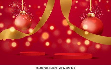 Fondo de Navidades alegres con bolas y confeti de cinta de oro   colgando de podios rojos. Tarjeta roja de Festiva con luz bokeh. Exhibición de Vector de la x-mas para el diseño del producto de la venta.