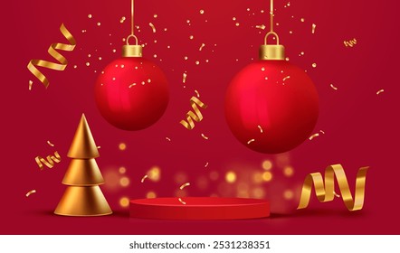 Fondo de Navidades alegres con bolas colgando en el podio rojo y confeti de cinta de oro. Tarjeta roja de Festiva con árbol de oro. Exhibición de Vector de la x-mas para el diseño del producto de la venta.