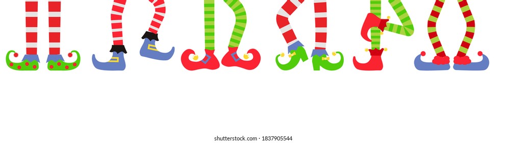 Merry Christmas background or banner with elf feet set, vector illustration. Collection of cute elves legs, boots. Santa helpers shoes and pants. Isolated on white background