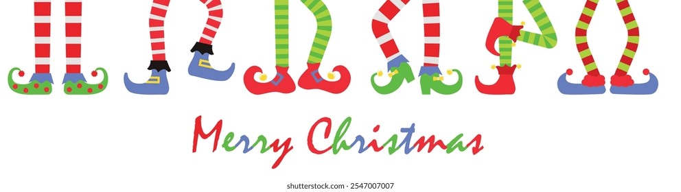 Fröhliche Weihnachten Hintergrund oder Banner mit Elf Füße gesetzt, Vektorgrafik. Sammlung von niedlichen Elfen Beine, Stiefel. Weihnachtsmann Helfer Schuhe und Hosen. Einzeln auf weißem Hintergrund