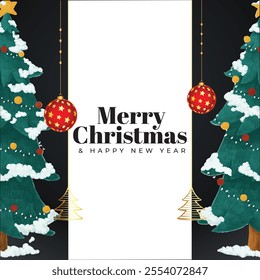 merry Christmas background banner poster card art design. vintage Christmas tree with isolated on black background and hanging cute elements. wish you happy merry Christmas flyer flat design. 