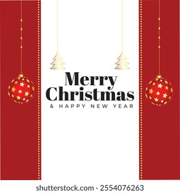 merry Christmas background banner poster card art design. vintage Christmas tree with isolated on black background and hanging cute elements. wish you happy merry Christmas flyer flat design. 