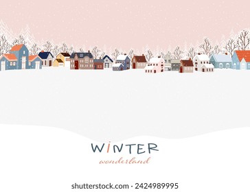  Merry Christmas Background Banner with Winter City Town Landscape with Snow Covering,Cute Vector illustration Happy New Year Greeting Card 2025