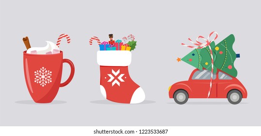 Merry Christmas background, banner with Xmas icons - car, sock and cocoa mug