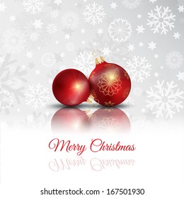 Merry Christmas background with baubles on a snowflakes and stars design