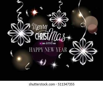 Merry Christmas background. Beautiful curled realistic sparkling silver snowflakes and serpentine. Holidays. Vector illustration