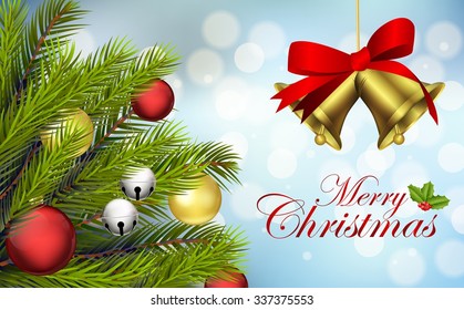 Merry christmas background with bells, tree and balls .vector