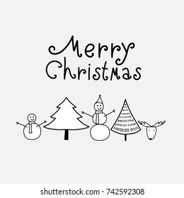 Merry Christmas Background With Black And White Mountain, Tree, Snow man And Deer.
