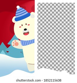 Merry Christmas background with blank photo and Cute Polar bear hiding behind blank boards. Holiday Social media post, Christmas sale, greeting card template vector.