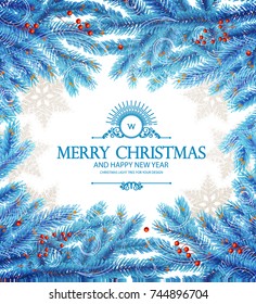 Merry Christmas Background with Blue Fir Tree Branches isolated on White. Vector illustration