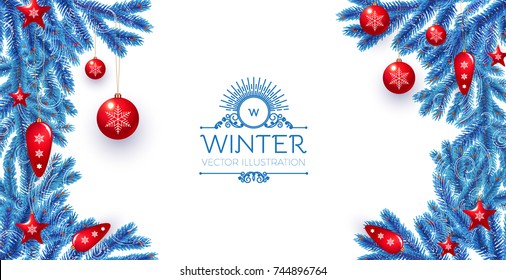 Merry Christmas Background with Blue Fir Tree Branches and Red Christmas Toys Isolated on White. Vector illustration