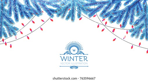 Merry Christmas Background with Blue Fir Tree Branches and Light Garlands Isolated on White. Vector illustration