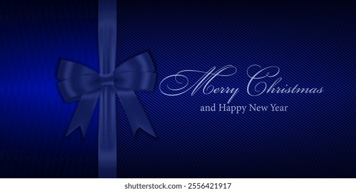 Merry Christmas background of a blue ribbon bow with empty space for text. Vector illustration