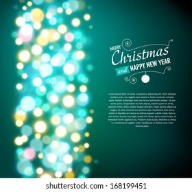 Merry Christmas Background with bokeh lights. Vector illustration.