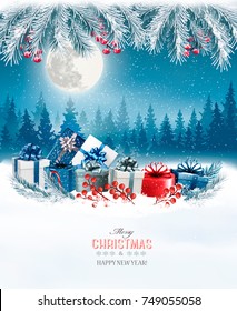 Merry Christmas Background with branches of tree and colorful gift boxes.Vector