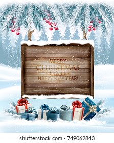 Feliz Navidad Fondo con ramas de árbol y tablero de madera.Vector