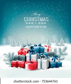 Feliz Navidad Fondo con ramas de árbol y coloridas cajas de regalo. Vector