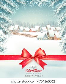 Merry Christmas Background with branches of tree and winter village. Vector