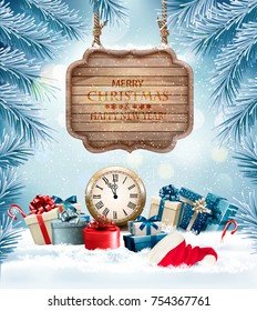 Merry Christmas Background with branches of tree and wooden board. Vector