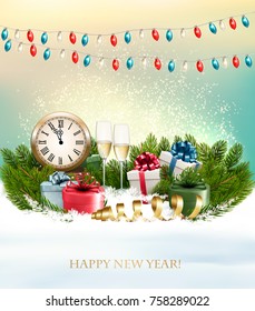Merry Christmas Background with branches of tree and presents. Vector