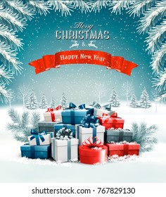 Fröhlicher Weihnachtshintergrund mit Ästen von Baum und bunten Geschenkbox. Vektorgrafik