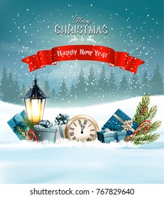 Fröhlicher Weihnachtshintergrund mit Ästen von Baum und Geschenken. Vektorgrafik