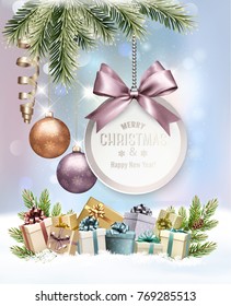Feliz Navidad Fondo con ramas de árbol y coloridas cajas de regalo. Vector