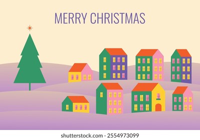 Merry Christmas. Christmas background with bright village houses and Christmas tree. Vector illustration.