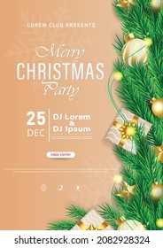 Merry Christmas background brochure, flyer, invitation card template design with decorative pine leaves and Christmas lights. Vector illustration.