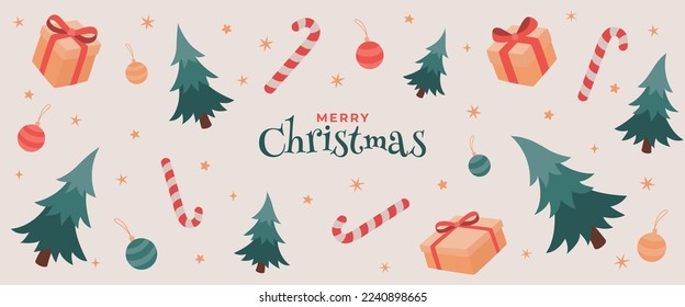 Merry Christmas Background. Candies, trees and gifts
