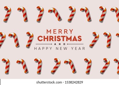 Merry Christmas background with candy canes. Decorative festive Xmas banner, vector illustration