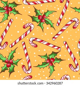 Merry Christmas background with candy and holly berries on an orange background. Background for your design. Vector illustration.