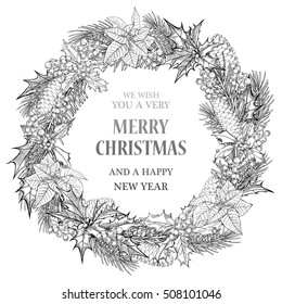 Merry Christmas background .Christmas card.Fir cones, poinsettia, holly, mistletoe.It is drawn by hand, for the design of brochures, banners, flyers,isolated on white background