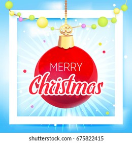 Merry Christmas background, card, poster. Red with gold christmas ball on sky blue background with snow and snowflakes. White border
