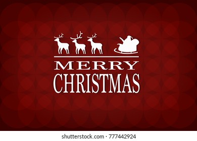 Merry christmas background. Merry christmas card text typography inscription and sketched christmas deer and santa in sleigh, on red burgundy background with round ornaments