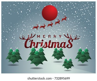 merry christmas background card with tree and deer paper style.