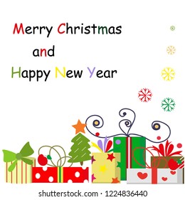 Merry Christmas, Christmas background сute cartoon card with a multicolored gifts. Flat design on white background