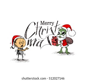 Merry Christmas  Background - Cartoon Style Hand Sketchy drawing of a Little funny Baby Santa with Green Monster Santa holding gift pack, Vector illustration
