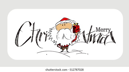 Merry Christmas! Christmas Background Cartoon Style Hand Sketchy drawing of a funny Santa Claus Holding gift bag, vector illustration