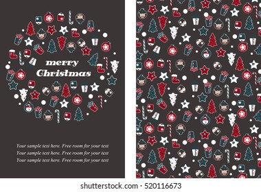 Merry Christmas Background from Christmas characters. New Year celebration desing. Set from Christmas symbols.   