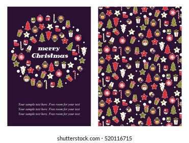Merry Christmas Background from Christmas characters. New Year celebration desing. Set from Christmas symbols.   