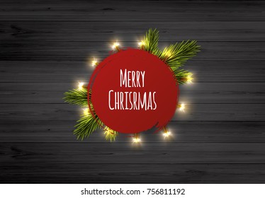 Merry Christmas Background. Circle Label with Merry Christmas Lettering on Rustic Wooden Board.