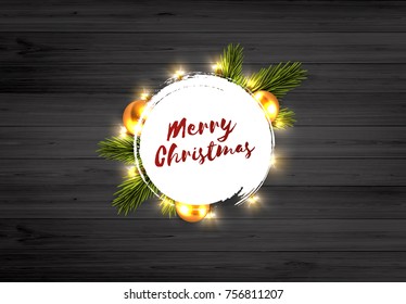 Merry Christmas Background. Circle Label with Merry Christmas Lettering on Rustic Wooden Board.