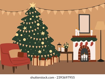 Merry Christmas background clipart, christmas tree vector illustration, cozy home wall art print, fireplace printable poster, xmas festive interior digital download card, flat style images.