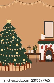 Merry Christmas background clipart, christmas tree vector illustration, cozy home wall art print, fireplace printable poster, xmas festive interior digital download card, flat style images.