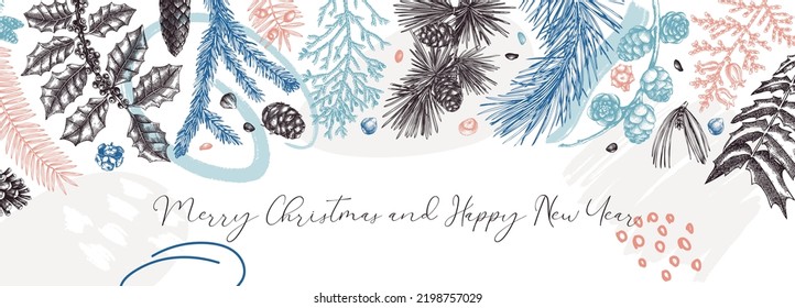 Merry Christmas background. Collage-style banner with evergreen plants, conifers, and nuts drawing. Winter design with hand-drawn botanical illustrations. Trendy Christmas tree, New Year card template
