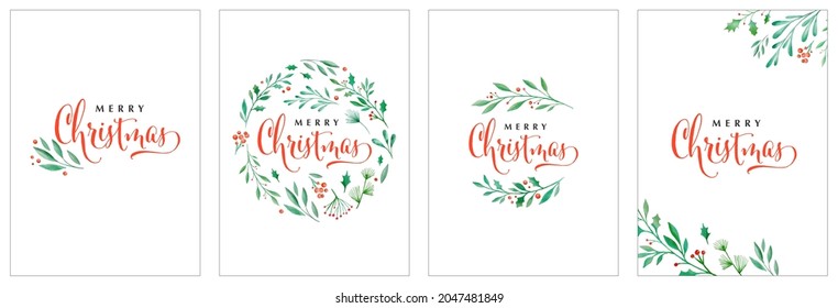 Merry Christmas background. Collection of Vector watercolor lettering design with elegant wreath illustration