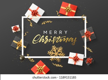 Merry Christmas background. Christmas composition. gift box, confetti, golden snowflake and Xmas balls. Vector illustration