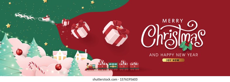 Merry christmas background composition in paper cut style.Santa Claus on the sky Vector illustration.